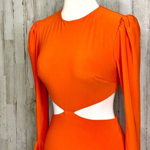 Mac Duggal Orange Long Sleeve Cutout Ruffle Cuffs Fitted Floor Length Dress Sz 0 - Picture 2 of 10